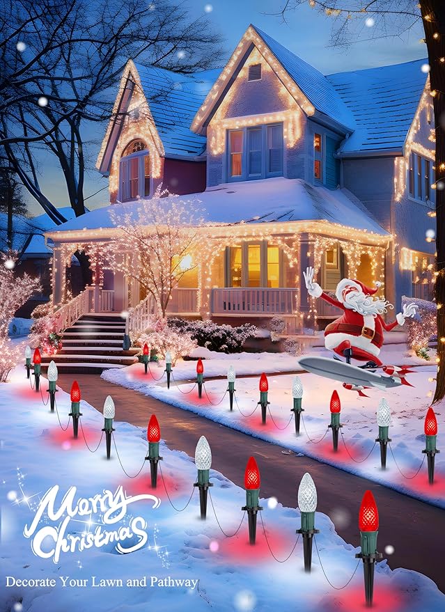 C9 LED Christmas Lights Outdoor with Stakes 25.7 Feet 20 LED C9 Strawberry String Lights Connectable Shatterproof Pathway Lights Marker for Path Lane Patio Xmas Holiday Decorations Red and White