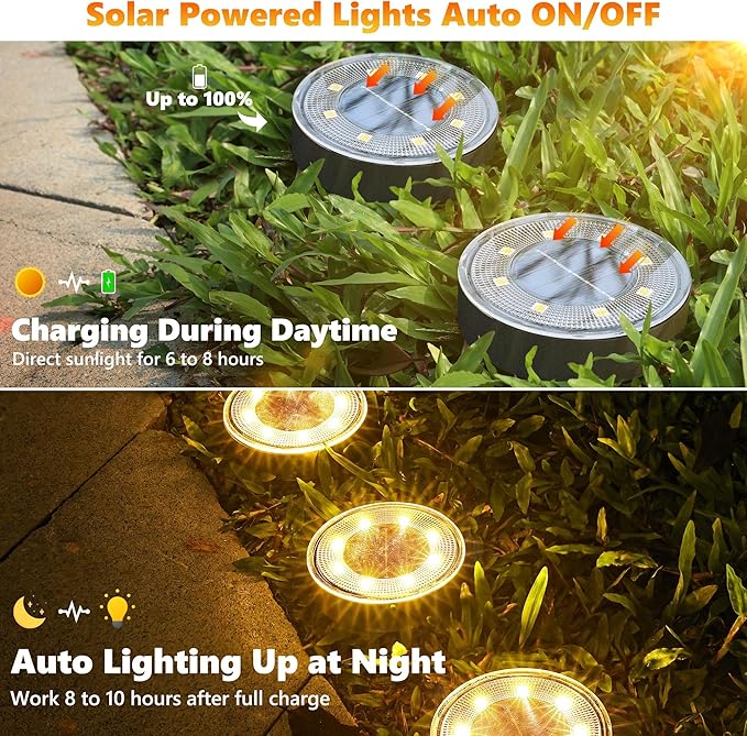 Joomer Solar Ground Lights 8 Pack 8 LED Solar Lights Outdoor IP68 Waterproof Solar Disc Lights In-Ground Landscape Lighting Outdoor Lights for Patio Pathway Lawn Yard Driveway Walkway (Warm White)