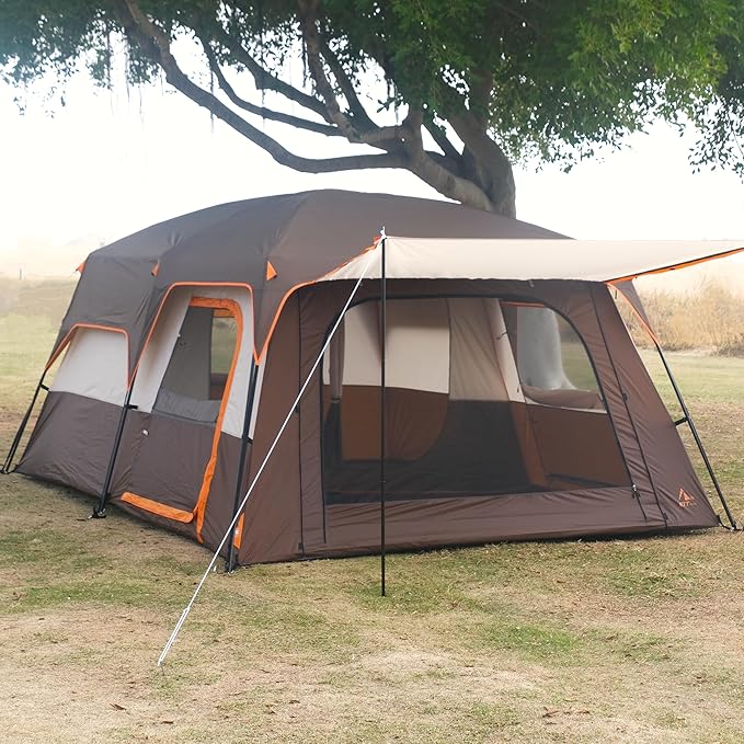 KTT Extra Large Tent 10-12-14 Person(Style-B)Family Cabin Tents2 Rooms3 Doors and 3 Windows with MeshStraight WallWaterproofDouble LayerBig Tent for OutdoorPicnicCampingFamily Gathering