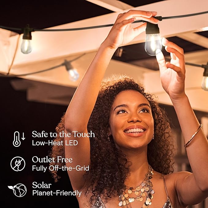 Brightech Ambience Pro Solar Powered Outdoor String Lights 48 ft Commercial Grade Waterproof Patio Lights 15 Edison Bulbs Shatterproof LED String Lights for Outside Porch - 1W Soft White