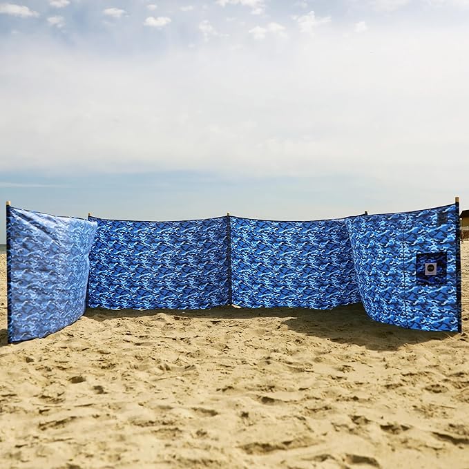 Ocean Camo Pro Beach Recycled Polyester Rip-Stop 20 ft Lightweight Windscreen Privacy Screen Wind Blocker Free Matching Shoulder Bag (New Mahogany Wood Poles)