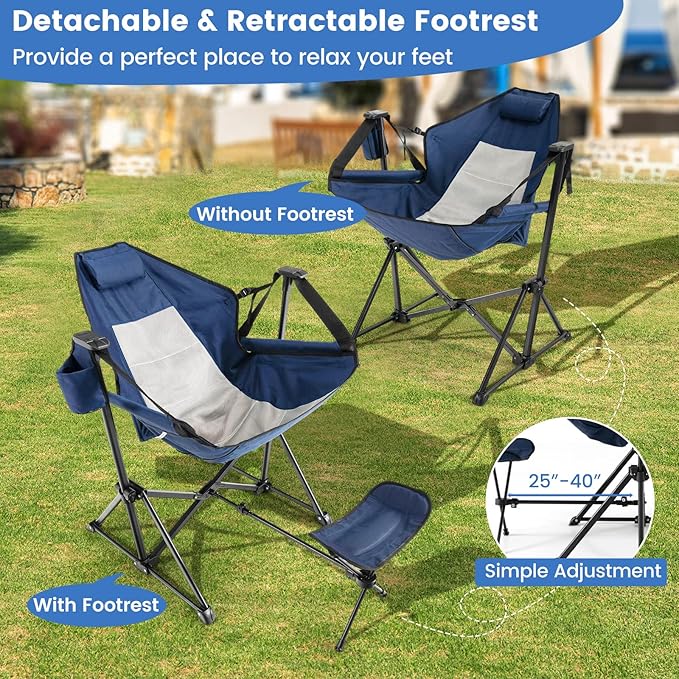 COSTWAY Folding Camping Chair Portable Beach Chair with Retractable Footrest Adjustable Back Cup Holder &amp Carry Bag Outdoor Lawn Patio Chair for Camping Fishing Hiking (Navy 1 Pack)