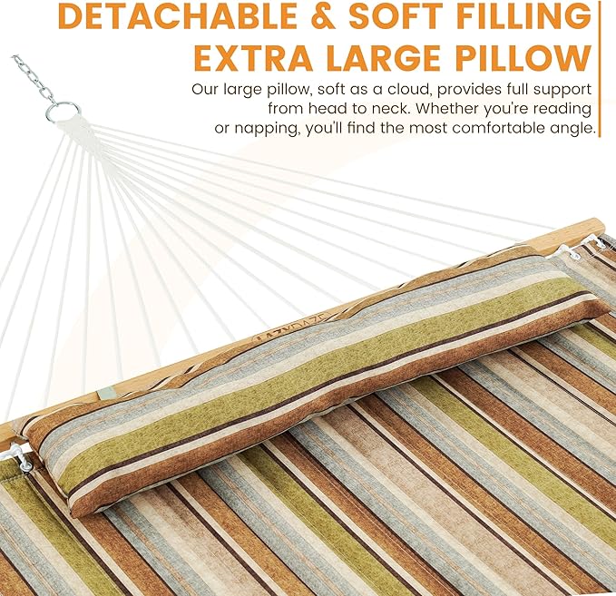 Lazy Daze Hammocks 12 FT Quilted Fabric Double Hammock with Spreader Bars and Detachable Pillow 450lbs Weight Capacity Brown Stripe