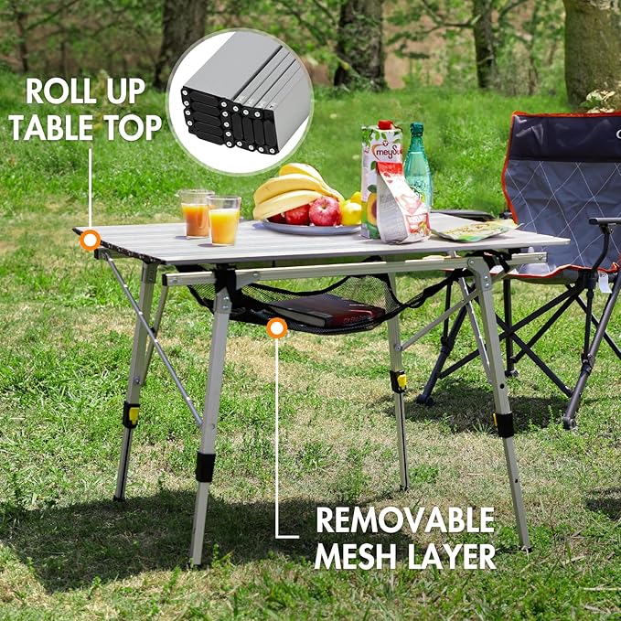 PORTAL Outdoor Folding Portable Picnic Camping Table with Adjustable Height Aluminum Roll Up Table Top Mesh Layer Silver