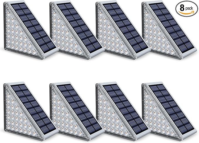 NIORSUN Outdoor Step Lights Upgraded 28 LEDs 2 Brightness Modes IP67 Waterproof Solar Stair Lights for Outside Steps 1200mAh Battery Long Runtime Warm White for Patio Deck Yard Porch 8 Pack