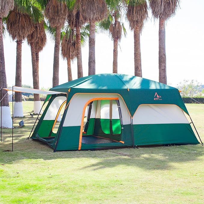 KTT Extra Large Tent 10-12-14 Person(A)Family Cabin Tents2 Rooms3 Doors and 3 Windows with MeshStraight WallWaterproofDouble LayerBig Tent for OutdoorPicnicCampingFamily Gathering