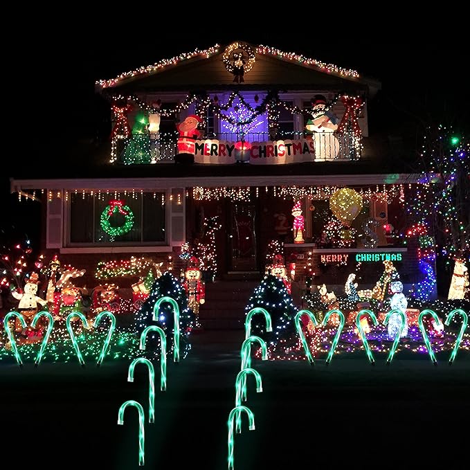 10 Christmas Candy Cane Lights - Set of 10 Pathway Markers Christmas Outdoor Yard Decorations Green Xmas Candy Cane Stake Lights for Lawn Walkway Garden Xmas Party Indoor Ornaments