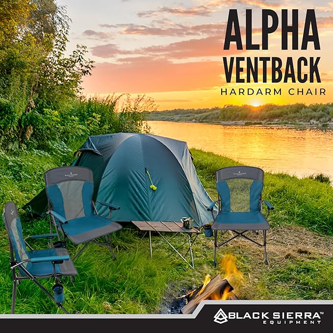 Black Sierra Camping Chair – Folding Portable Lawn &amp Beach Chair with Padded Hard Armrest Mesh Vented Back Spacious Cup Holder Carry Bag – Supports 300 lbs for Sports