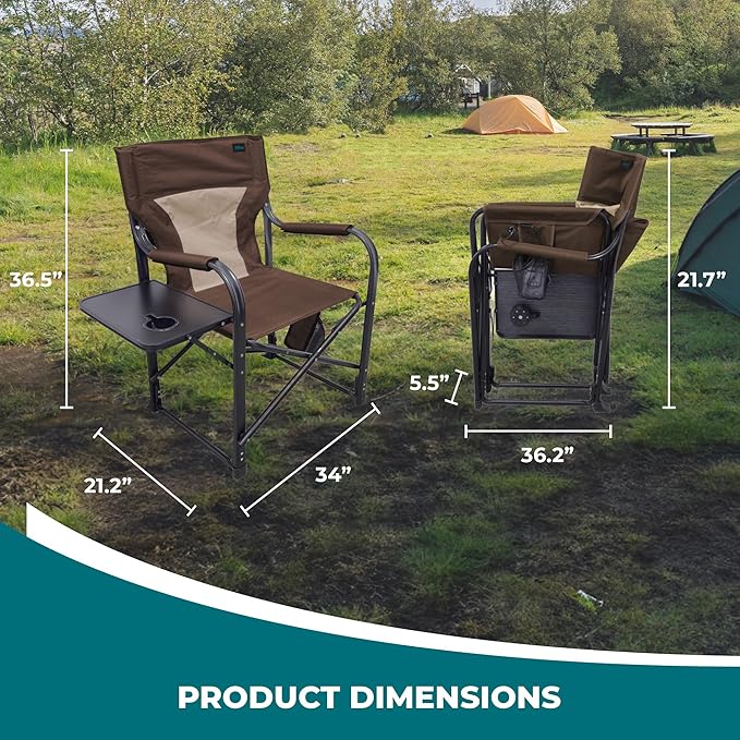 Bliss Hammocks 24 Volt Heated Directors Seat with 3 Heat Settings Folding Portable 21 Inch Wide Steel Frame Camping Chair - Battery Included Brown