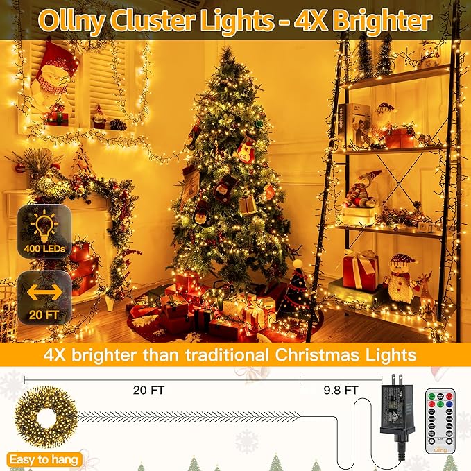 Ollny Cluster Lights Christmas 400LED 20FT Warm White Christmas Tree Lights 8 Modes Timer Remote Waterproof Connectable String Lights for Outdoor Indoor Outside Garland Xmas Decorations