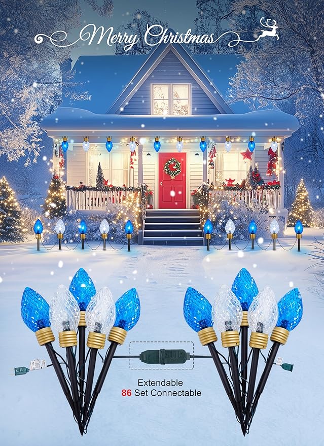 Moonflor Strawberry Jumbo C9 Christmas Pathway Lights Outdoor - 2Pack Total 17FT 10 LED C9 Walkway Light Christma Decoration OutsideChristmas Lights Outdoor for Lawn Yard Holiday Blue &amp Pure Wh