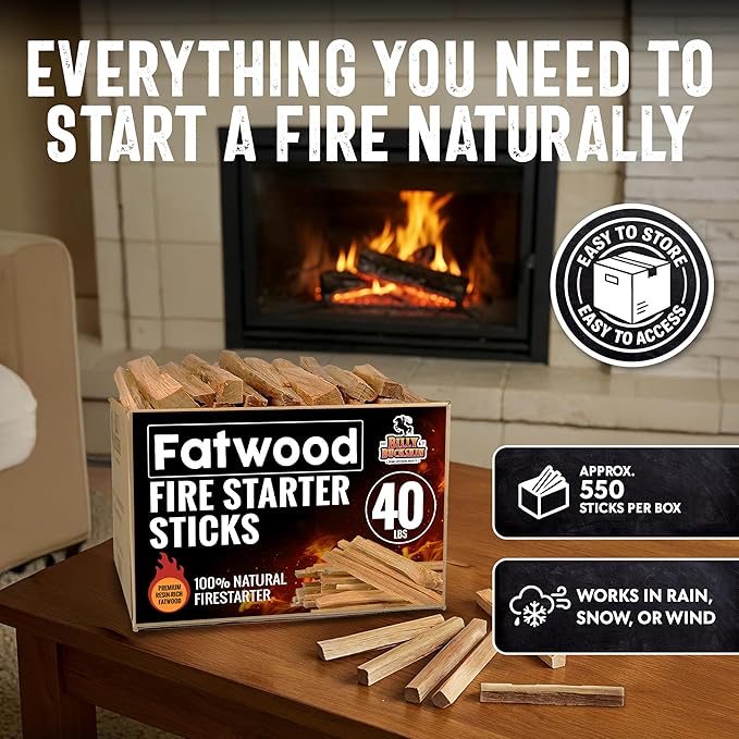 40lb Fatwood Fire Starter Sticks | 100% Natural Fire Starters for Grill Campfire Wood Stoves Bonfires | Easy Firestarter w/Just 2 Sticks in All Weather Conditions by Billy Buckskin (40lb Box)