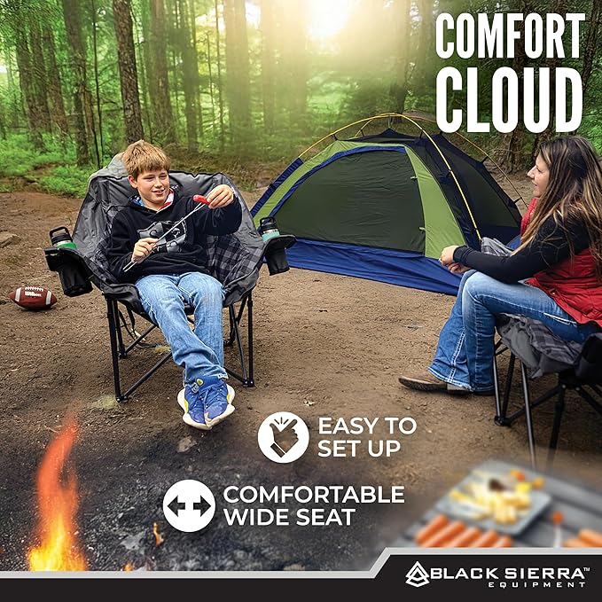 Black Sierra Oversized Camping Chair for Adults – 400 lb Heavy Duty Folding Chair with Cup Holders &amp Carry Bag