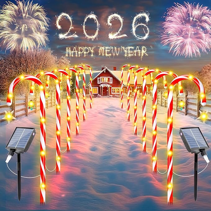 Solar Candy Cane Lights – 12-Piece Set 22 Inch Outdoor Christmas Pathway Lights 8 Lighting Modes with Memory Function Solar-Powered Holiday Decorations for Garden Yard Walkway Party Driveway