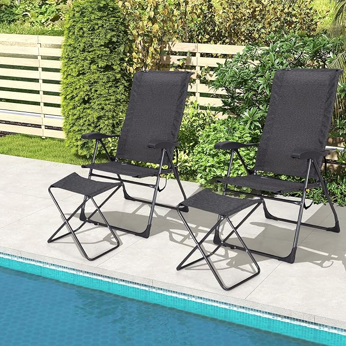 GYMAX Folding Camping Chair Patio Recline Chair with Ottomans with 7-Level Adjustable Backrest &amp Back Pocket Foldable Portable Lounge Chair with Stools for Backyard Outdoor/Indoor (2 Grey)