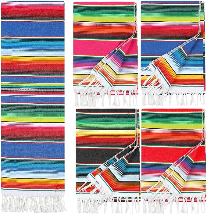 Tudomro 4 PCS Large Authentic Mexican Blankets Colorful Mexican Striped Throw Blankets Serape Fiesta Beach Fringe Yoga for Home Office Camping Picnic (Bright)
