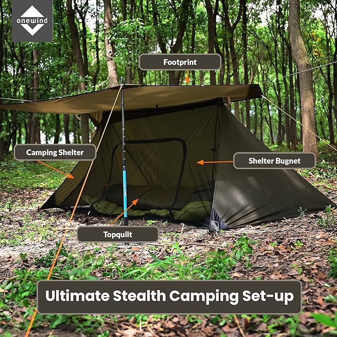 onewind Shelter Camping Tarp Set Include Emergency Shelter BugNet and Tent Footprint Ripstop Silnylon with Silicone PU Coating Survival Shelter Tent for Camping Hiking Backpacking