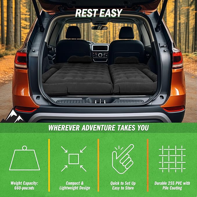 Wakeman Inflatable Mattress - Car Air Mattress for SUV or Tent with Aux Outlet Pump and 2 Inflatable Pillows - Car Camping Gear Outdoors (Black)