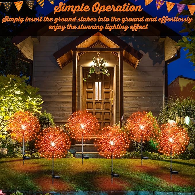 6 Pcs Easter Solar Firework Stake Lights 180 LED 8 Modes Solar Waterproof LED Sparkler Lights Outdoor Decoration for Easter Day Xmas Holiday Garden Patio Yard Pathway Walkway Orange
