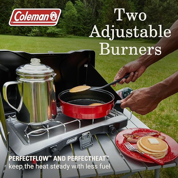 Coleman Triton+ 2-Burner Propane Camping Stove with InstaStart Ignition Portable Camping Cooktop with 2 Adjustable Burners &amp Wind Guards 22000 BTUs of Power for Camping Tailgating Grilling