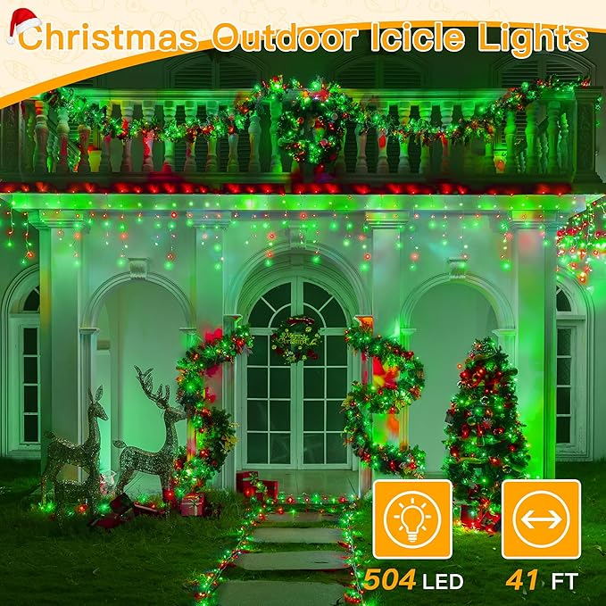 Ollny Icicle Lights for Outside 504LED 41FT Red and Green Christmas Light with Remote 8Modes Timers Waterproof Plug in Connectable Hanging Lights for Outdoor Indoor House Roof Holiday