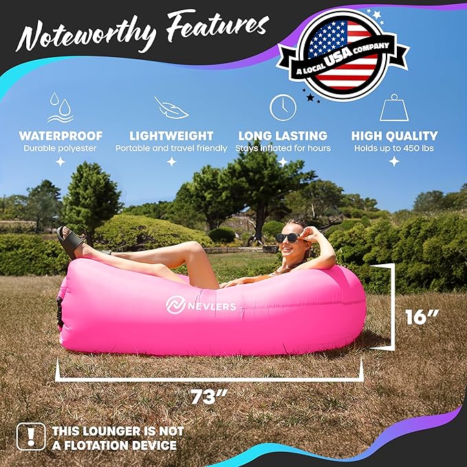 Nevlers 450Lbs Cap Outdoor Inflatable Couch for Camping in Pink | Tough 210T Polyester Air Chair Inflatable Lounger | Inflatable Chairs for Movie Night Hiking Travel Beach Chair &amp Portable Hammo