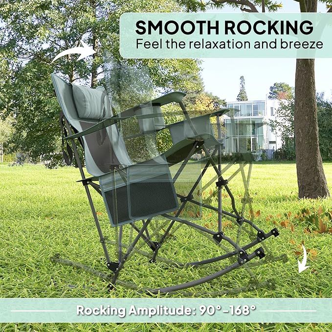 Outsunny Folding Rocking Camping Chairs for Adults Portable Outdoor Rocking Chairs with Headrest Cooler Bag Cup Holder Carry Bag for Picnic Outside and Outdoor Travel 2 Pack Gray