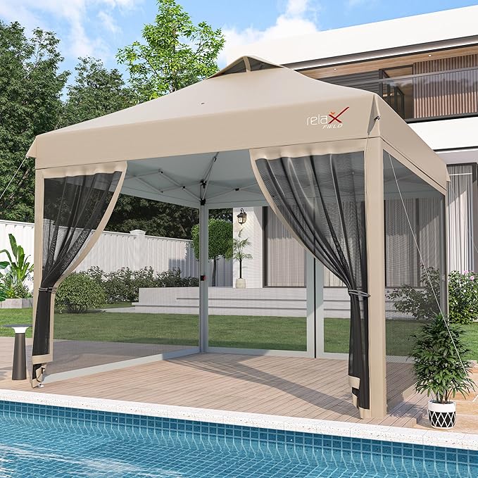 10x10 Pop Up Canopy Tent with Mosquito Netting Outdoor Portable Screen Tent for Yard Party Camping and Picnic 3 Height Positions Patio Gazebo with Roller Bag and 4 Sandbags Khaki