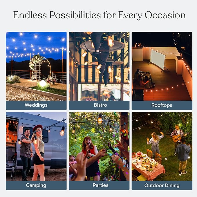 Brightech Ambience Pro Solar Powered Outdoor Patio String Lights - Commercial Grade 27 Ft Waterproof with 12 Edison Bulbs  Shatterproof LED - 2W  Soft White