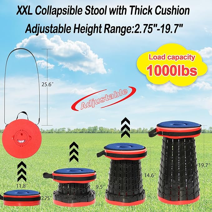 ALEVMOOM 2026 Upgraded XXL 19.7 Collapsible Stool with Cushion 1000lbs Max Weight Heavy Duty Portable Telescoping Stool Retractable Seat Folding Chair for Camping Fishing Hiking(Red-XXL)