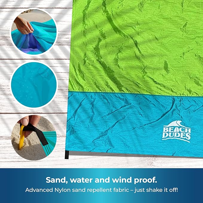 Green Spirit Oversized Beach Blanket - 108x84 XL Sandproof Water-Resistant Picnic Mat | Lightweight Ripstop Nylon for Travel &amp Camping | Includes 4 Stakes and Carry Bag