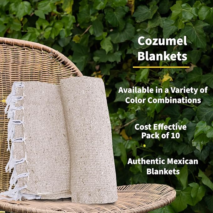 Cozumel Authentic Mexican Blankets (10-Pack) - 72x48 Woven in Mexico - Solid Throw Blanket for Yoga Studio Outdoor Picnic/Camping/Beach Saddle Blanket Bed/Home Decor (Tan)