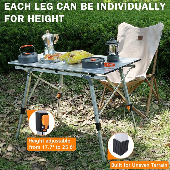 Folding Outdoor Camping Table with Adjustable Legs Lightweight Aluminum Roll Up Camp Table with Carrying Bag Mesh Storage Organizer for Cooking Picnic Beach Backyards BBQ Party