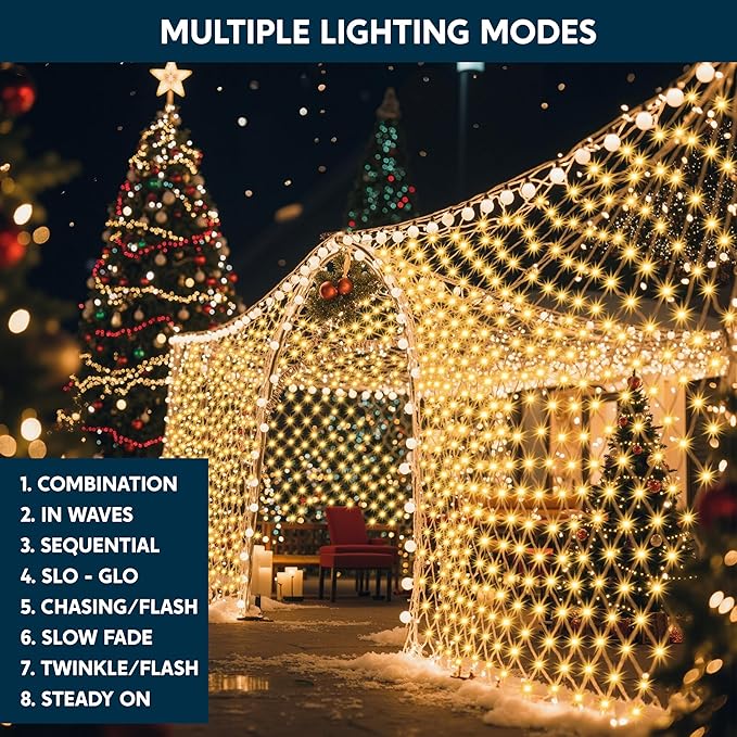 JOYIN 360 LED Christmas Net Lights 16.4X 6.5FT Christmas Mesh Lights with 8 Modes Connectable Waterproof for Bushes Trees Yard Indoor Outdoor Xmas Decorations (Warm White)