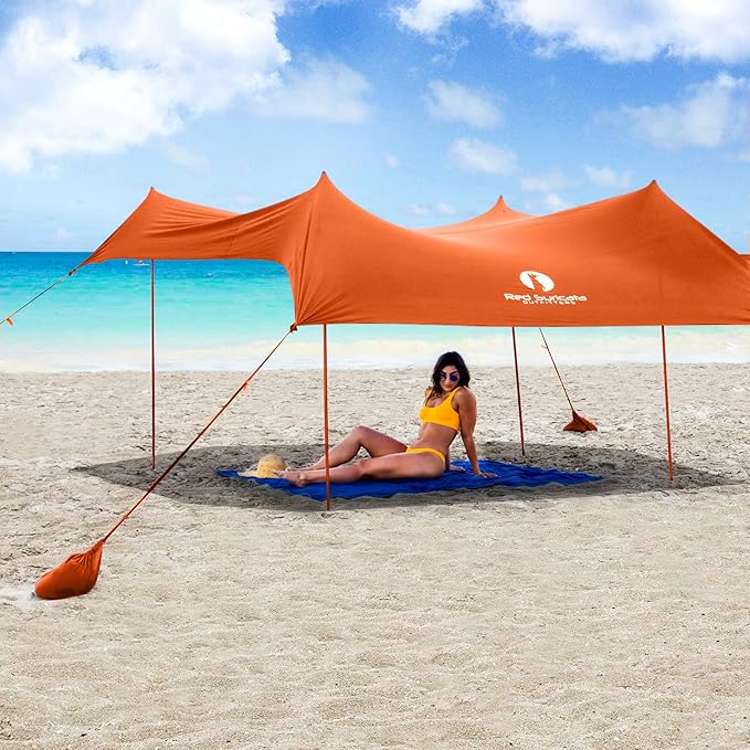 Red Suricata Family Beach Tent &amp Canopy UPF50 Sun Shade 4 Aluminum Poles Sand Shovel Medium Portable Sun Shelter (Medium Orange)
