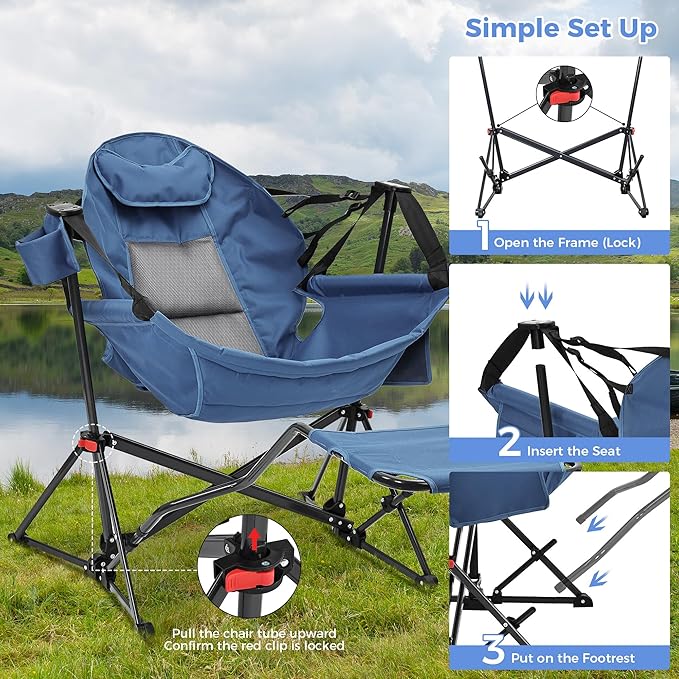 Ainfox Hammock Camping Chair with Footrest Heavy Duty Foldable Portable Rocking Hammock Chairs Outside Swinging Camp with Cup Holder Pillow for Outdoor Patio Poolside Black Dark Blue