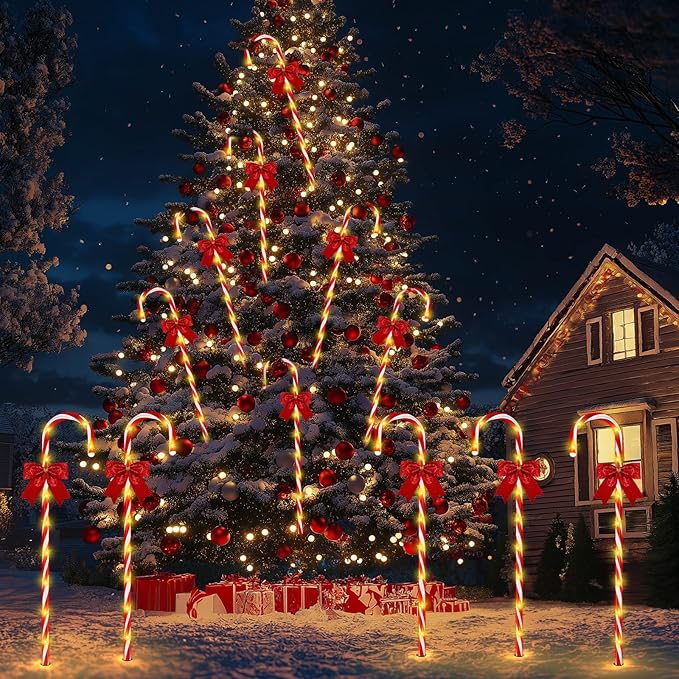 40in Christmas Solar Candy Cane Pathway Lights 12Pcs 120 LED Solar Outdoor Christmas Decorations with Red Bow Waterproof 8 Modes Timer Remote Walkway Garden Light for Xmas Yard Lawn Patio Decor