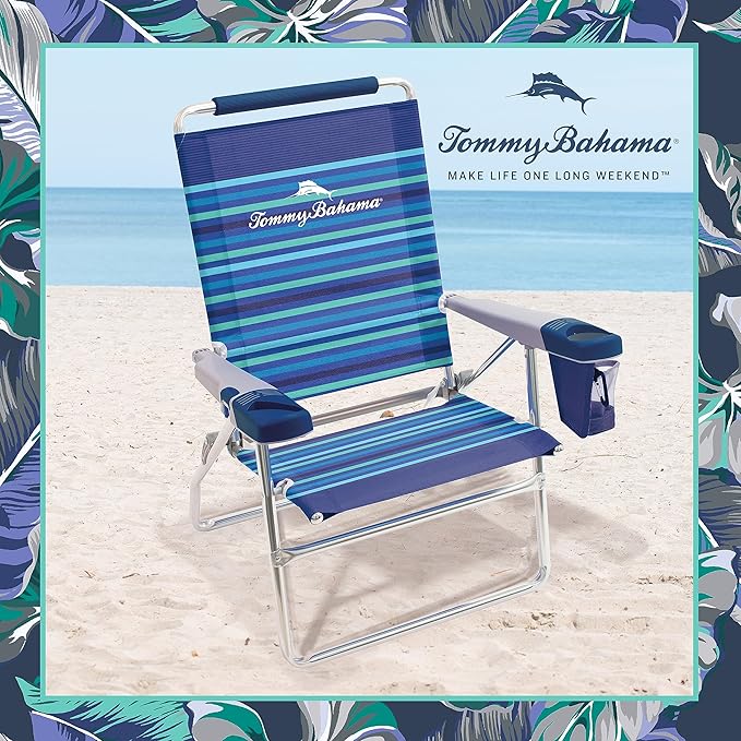 Tommy Bahama Set of 2 Highboy 4 Position Beach Chairs 15 Inch Seat Height with Cupholder Side Storage Pouch and Mobile Phone Holder