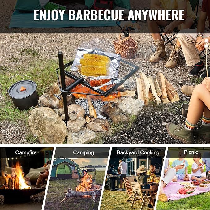 VEVOR Swivel Campfire Grill Fire Pit Grill Grate over Fire Pits Heavy Duty Steel Grill Grates 360° Adjustable Open Fire Outdoor Cooking Equipment Portable Camp Fire Racks for Camping Outdoor BBQ