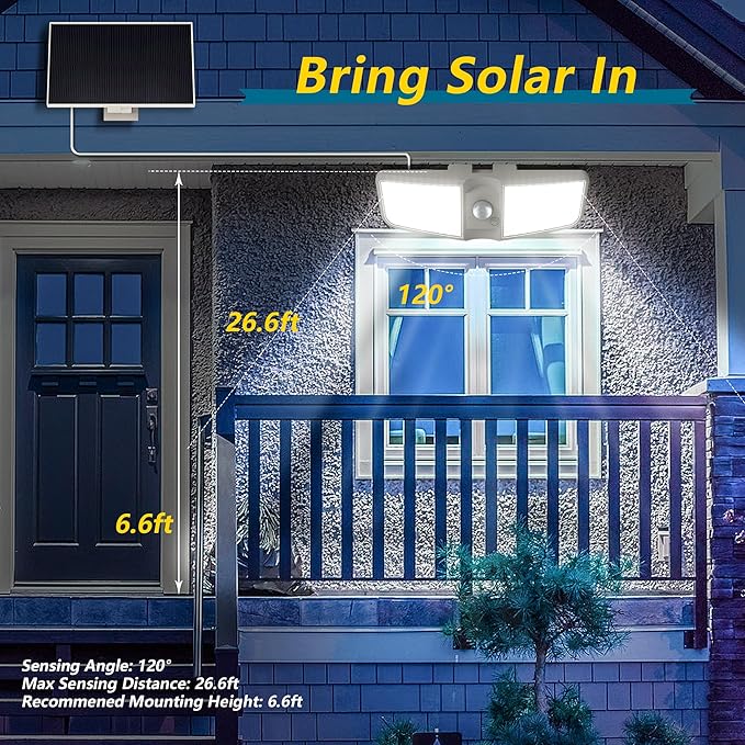 Solar Motion Sensor Outdoor Floodlights 6500K with Remote Control 180 LED WaterproofSolar Security Outdoor Light with IP65 for Wall Porch Barn Patio Garage White 4-PCS