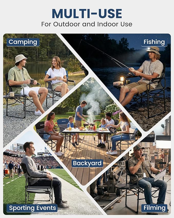 KingCamp Oversized Camping Directors Chair with Side Table Compact Design Heavy Duty 440lbs Folding Portable Padded Camp Chairs with Extra Wide Seat &amp Anti-Sag Fabric for Outdoor Fishing Sports