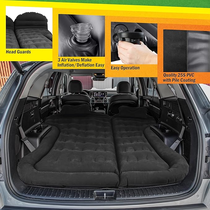 Wakeman Inflatable Mattress - Car Air Mattress for SUV or Tent with Aux Outlet Pump and 2 Inflatable Pillows - Car Camping Gear Outdoors (Black)