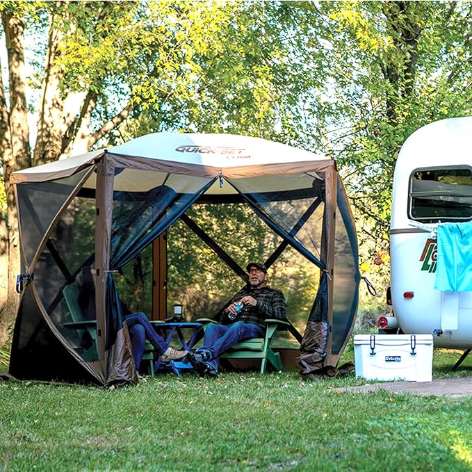CLAM Pop Up Screen Tent Outdoor Camping Gazebo Canopy Adventure with Wind Panels 9' x 9' Brown