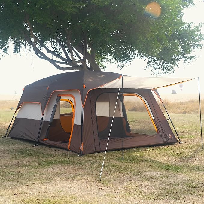 KTT Extra Large Tent 10-12-14 Person(Style-B)Family Cabin Tents2 Rooms3 Doors and 3 Windows with MeshStraight WallWaterproofDouble LayerBig Tent for OutdoorPicnicCampingFamily Gathering