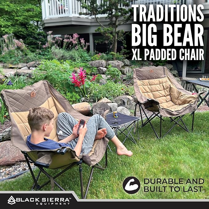 Black Sierra Deluxe Padded Camping Chair for Sports &amp Outdoors Oversize XL Outdoor Folding Chair Supports 400 lbs Heavy Duty Seat w/Dual Cup Holders/Carry Bag Perfect for RV Tailgating Glampin