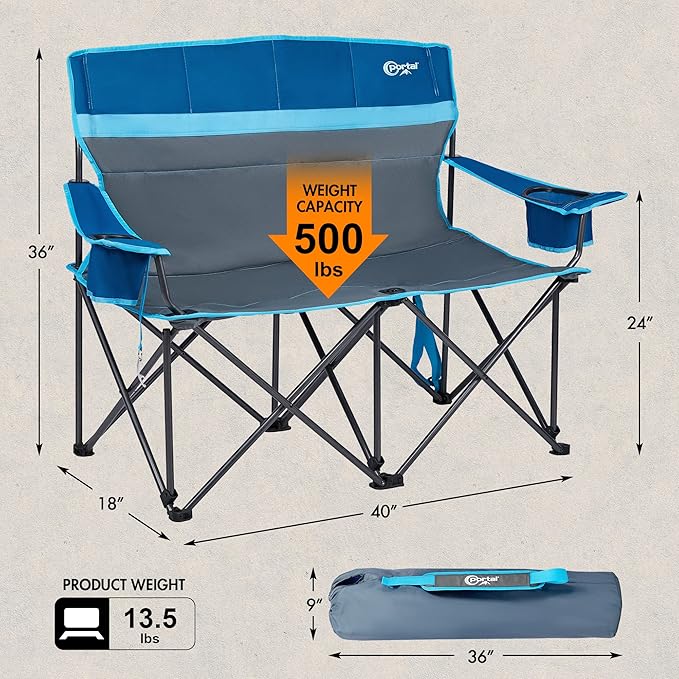 Portal 2 Person Camping Loveseat Folding Double Duo Camp Chair for Adults High Back Outdoor Support 500 lbs Blue
