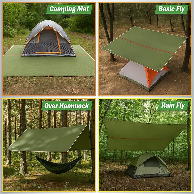 Camping Tarp for Tent or Hammock Rain Fly - 10 x 12 Tarp for Camping Hiking Backpacking or Portable Lightweight Survival Shelter UV Protection and 3000mm Water Resistant by Wakeman Outdoors (Green)