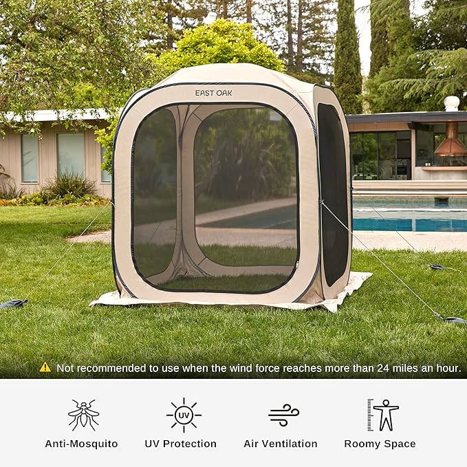 East Oak Screen House Tent Pop-Up Portable Screen Room Canopy Instant Screen Tent 6 x 6 FT with Carry Bag for Patio Backyard Deck &amp Outdoor Activities Beige