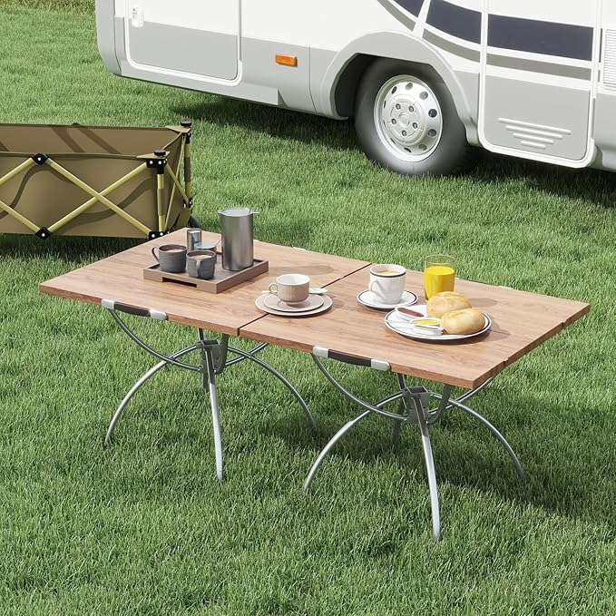 Goplus Aluminum Camping Table 2 PCS Folding Picnic Tables w/Extendable Design Wood-Grain Tabletop Carrying Bag Non-Slip Foot Pads Portable Beach Table for Camp Hiking BBQ Party
