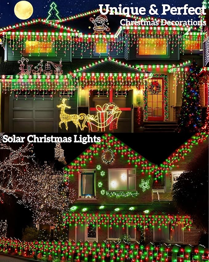 Solar Christmas Lights Outdoor 640LED 16Ft+60Ft Solar Icicle Lights Waterproof with 13 Modes Rechargeable for Outside Roof Fence Christmas Decorations